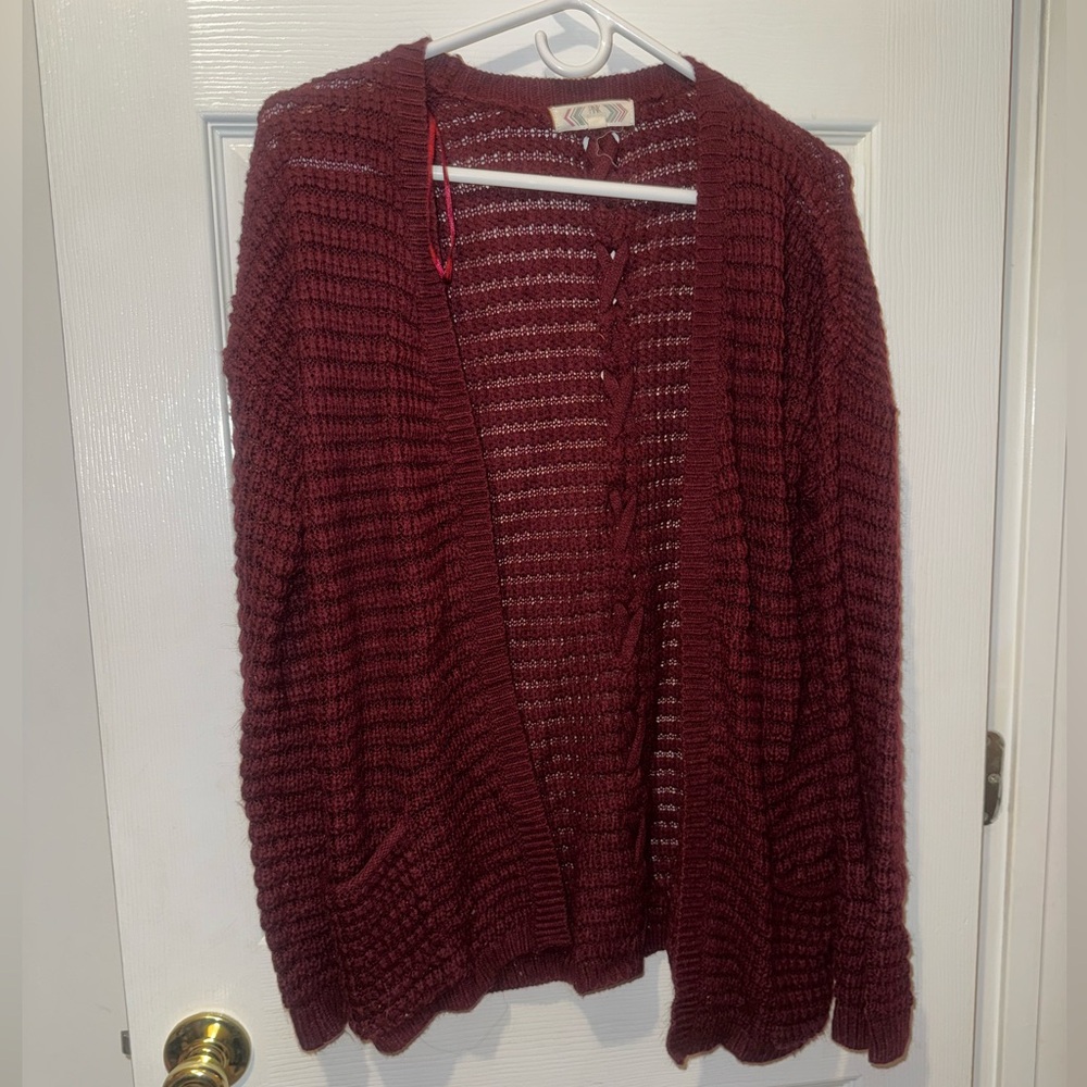Pink Rose Maroon Open-Front Cardigan Braided Back